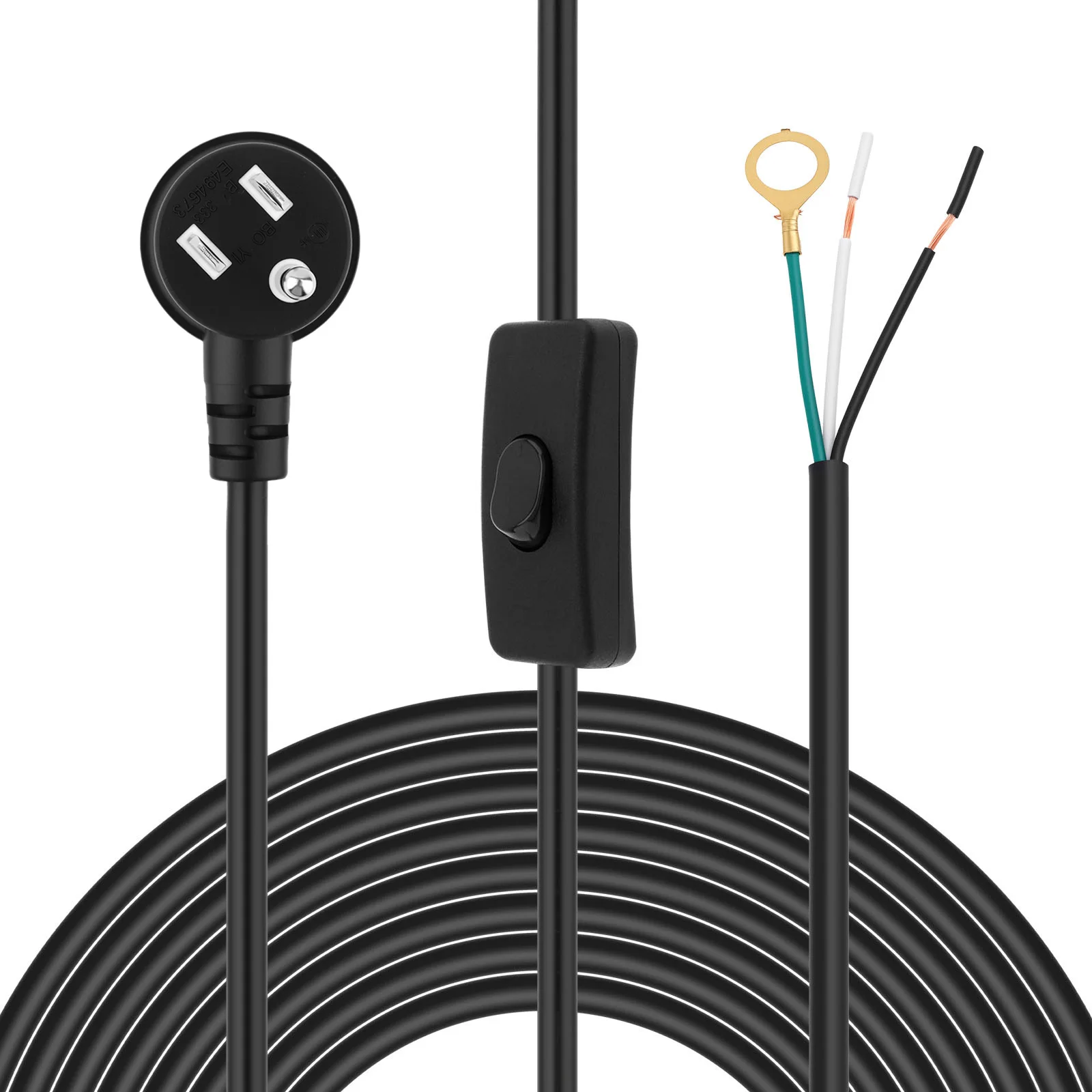 2.5M/8ft 3-Prong Power Cord 90 Degree Right Angle Flat Plug Replacement Power Cable Open End Wiring with ON/OFF Switch