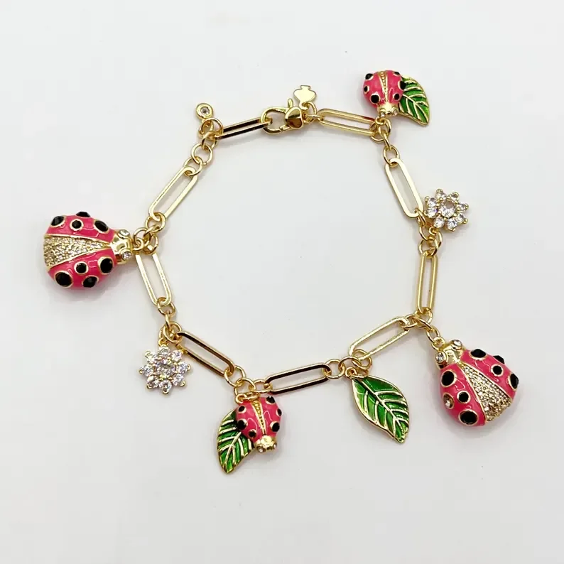 

VKVVA Cute Pink Enamel Ladybug,Insect Paved Crystal Earrings Bracelet,Dainty Girly Feminine Daily Wear Jewelry Gift for Women