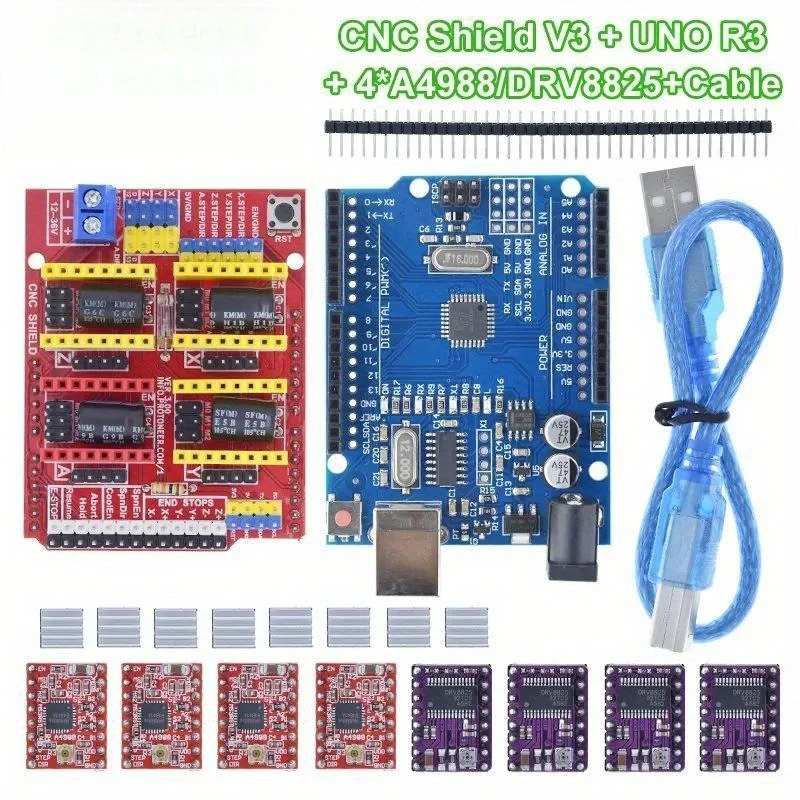 

Новый гравировальный станок с ЧПУ Shield V3, 3D-принтер + 4 шт. DRV8825 или A4988, плата расширения драйвера для Arduino + UNO R3 с USB-кабелем