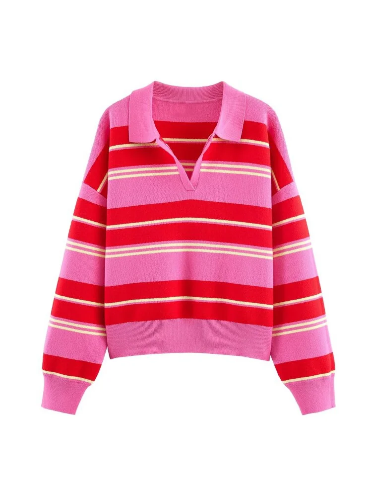 Damski sweter polo z dzianiny w różowo-czerwone paski, z kołnierzykiem, długim rękawem, luźny krój, na wiosnę i jesień, do noszenia na co dzień, 2026. — 2