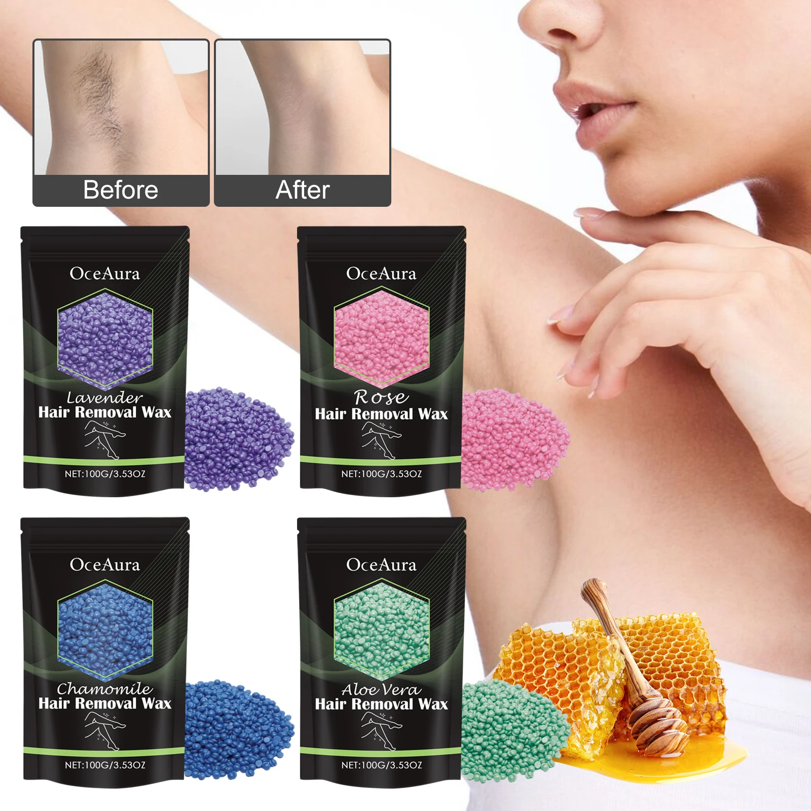 

OceAura Hair Removal Wax Beans, Armpits, Legs, Whole Body, Quick Hair Removal, Gentle and Non Irritating, Dry and Smooth Skin