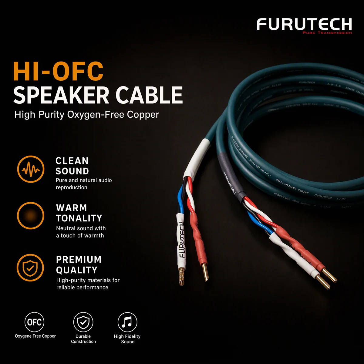 Furutech U-4T 4-Core Bi-wire HiFi Speaker Cable, 2 In 2 Out Audiophile Amplifier Connection Wire with Banana Plugs for Loudspeak
