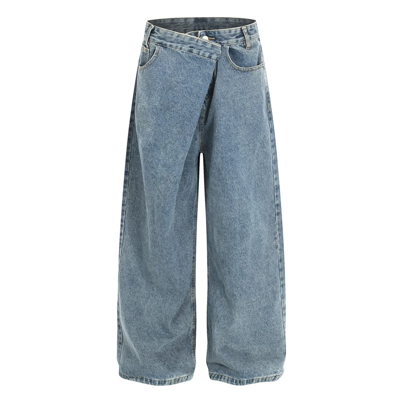 Niche Men's Jeans Folded Waist Washed Blue Diagonal Button Structure Casual Denim Long Pants Loose Wide Leg Trousers