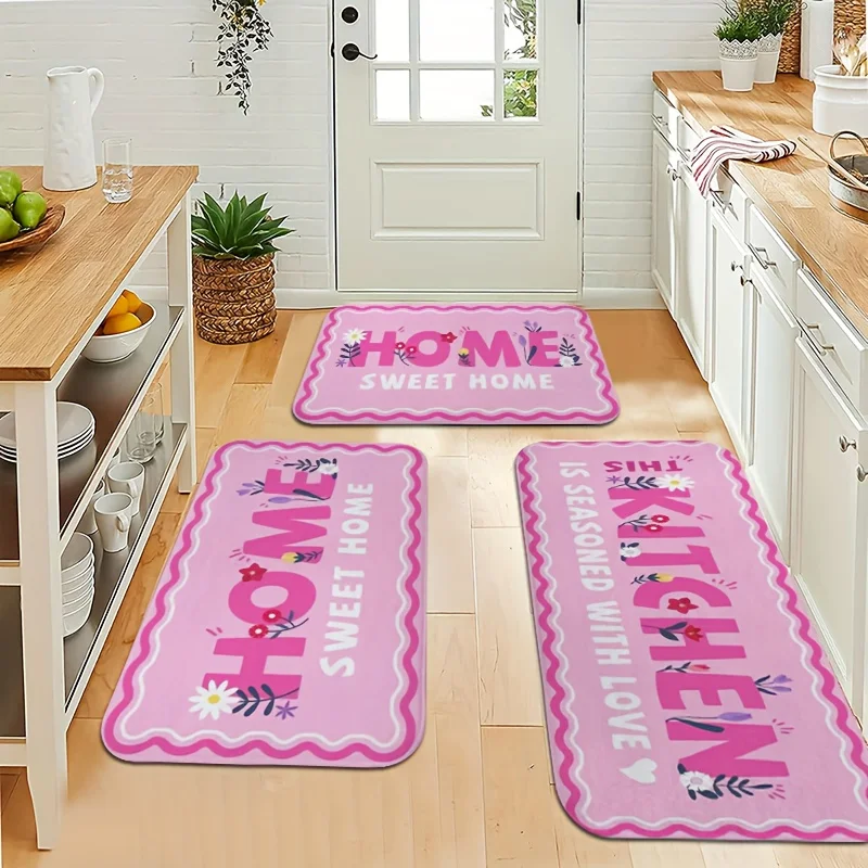 Letter Text Pattern Kitchen Home Rug Pink Wave Edge Area Floor Mat Soft Non-Slip Carpet for Dining Room Living Room Floor Decor
