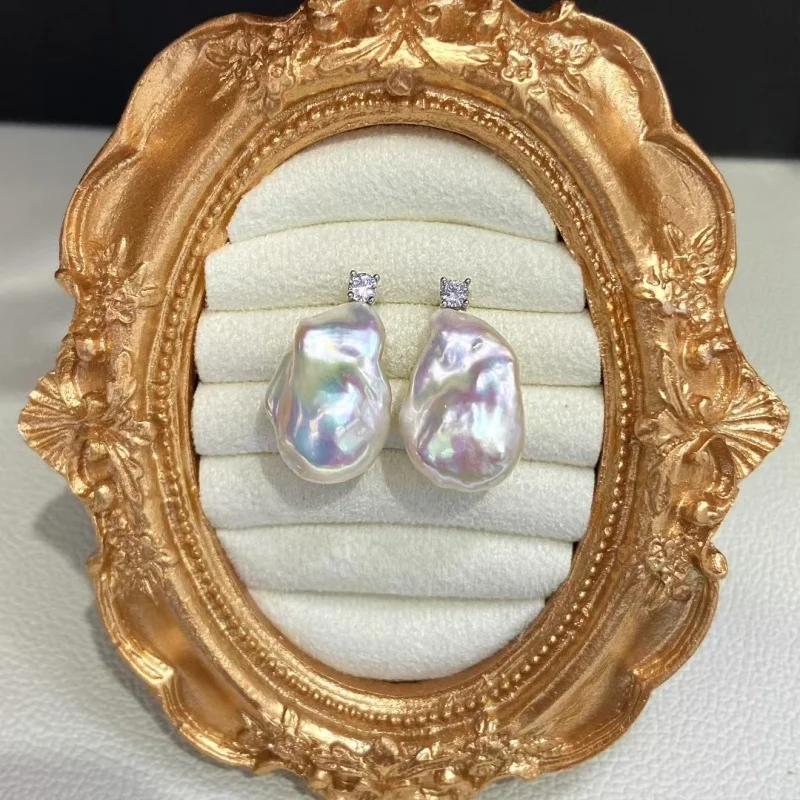 

SGARIT Natural Fresh Water Irregular Aurora Bright White Baroque Pearl Earrings S925 Sterling Silver Earrings Women's Jewelry