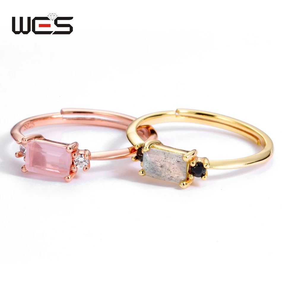 

WES 925 пробы серебряные геометрические кольца для женщин, инкрустированные 4*6 мм лабрадорит, розовый кварц, мох, агат, обручальные Роскошные ювелирные изделия