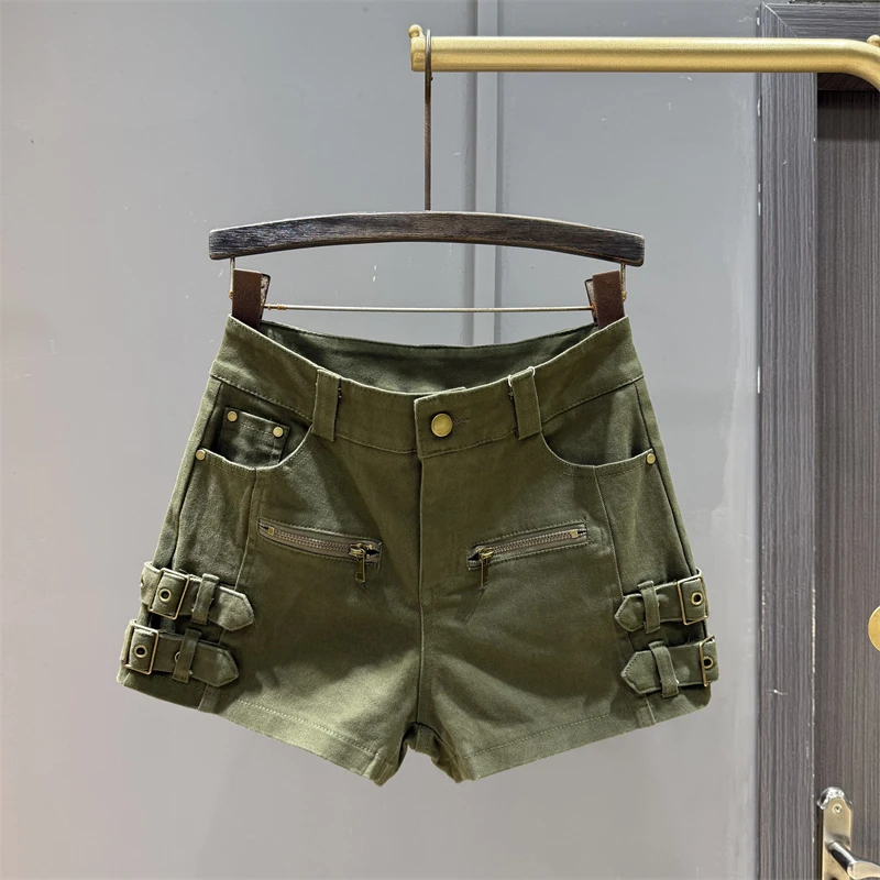 American Style Metal Zipper Lace-up Design Sense Denim Shorts Women Straight Leg Micro Stretch Elastic Waist Jeans