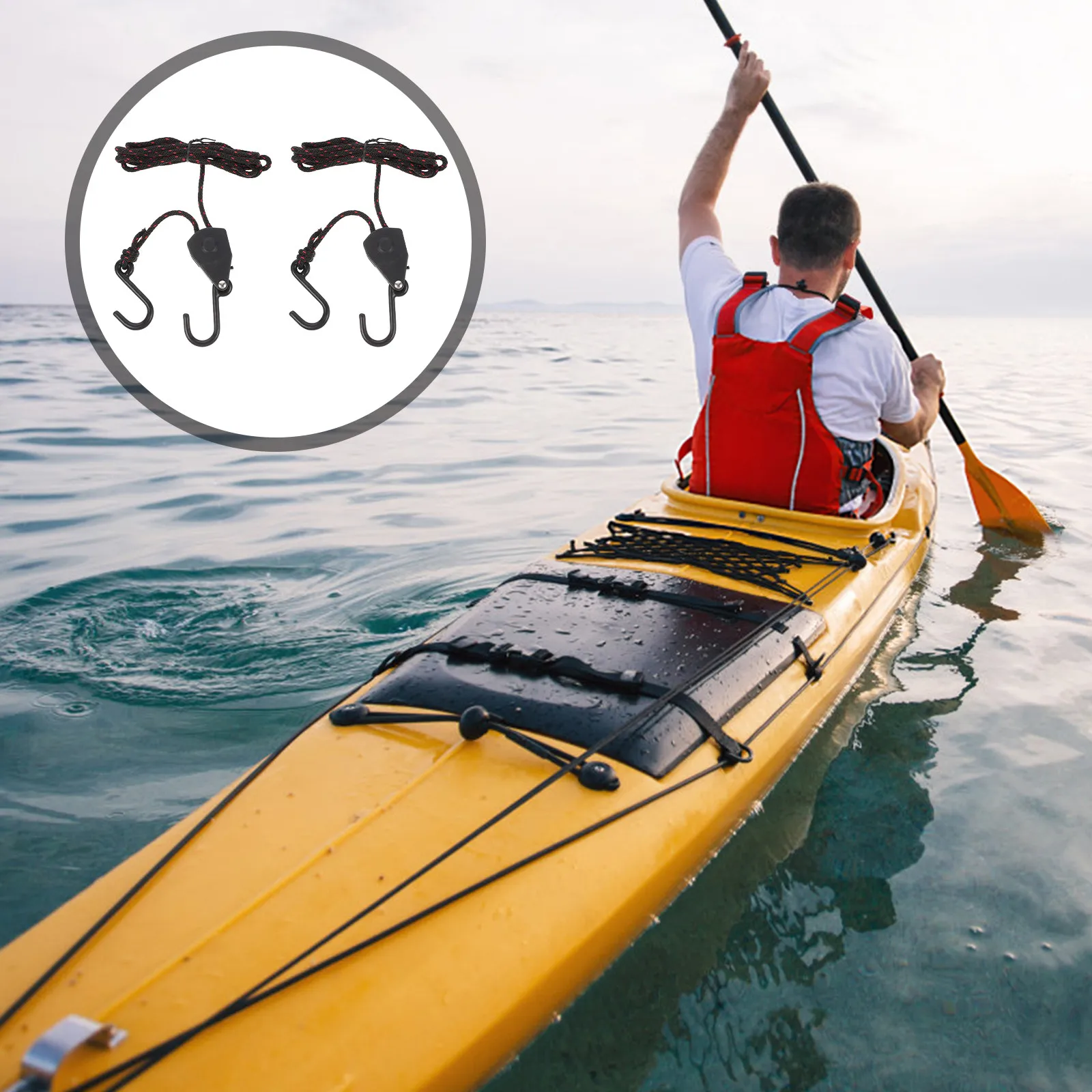 2Pcs Pulley Ratchets Kayak Canoe Boat Bow Stern Tie Down Strap Rope Lock Heavy Duty Adjustable Braided Nylon Hanger