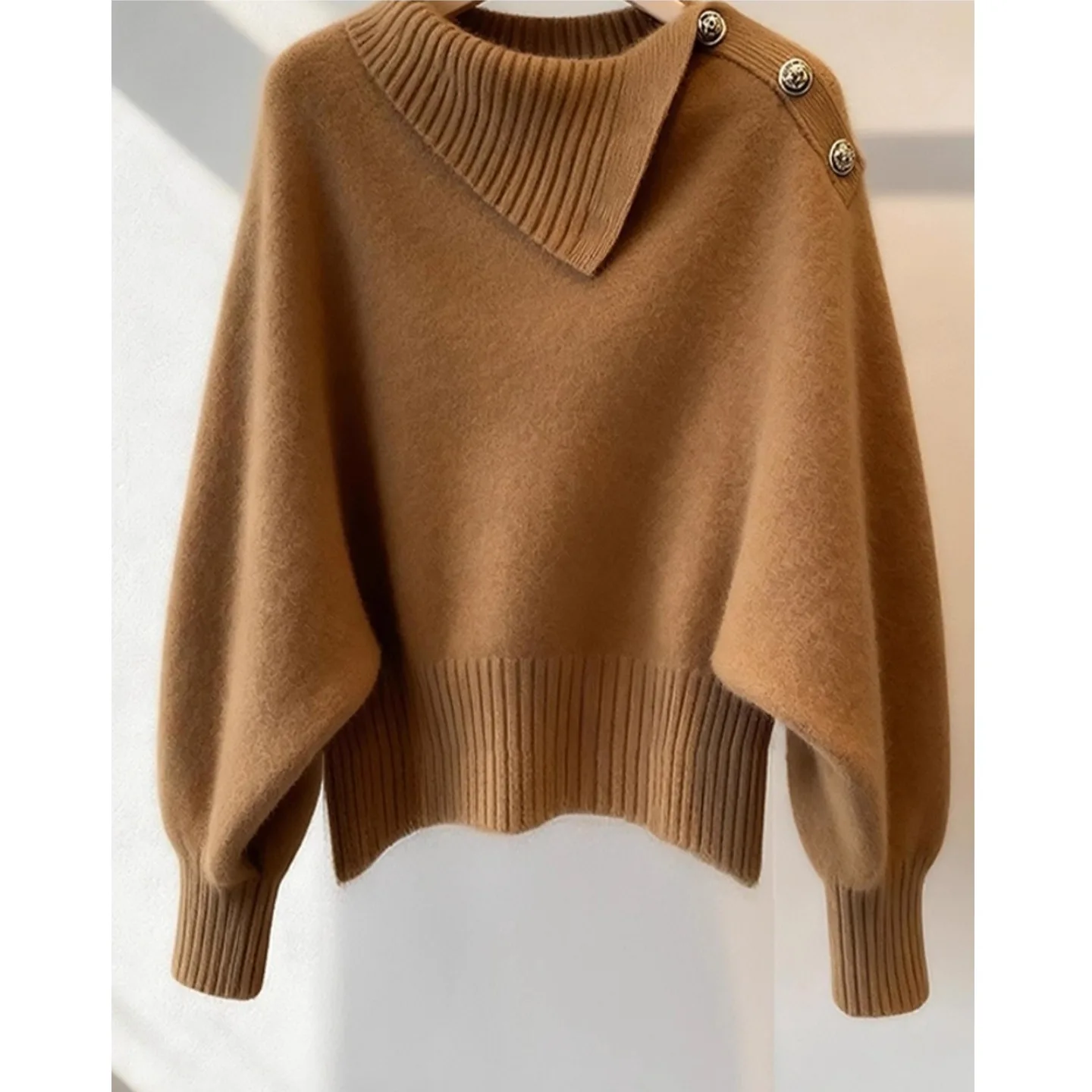 عالية الرقبة محبوك سترة المرأة Faionable مربوط القهوة بلوفر ملون متماسكة الخريف الشتاء الكورية صالح البلوزات ضئيلة #5