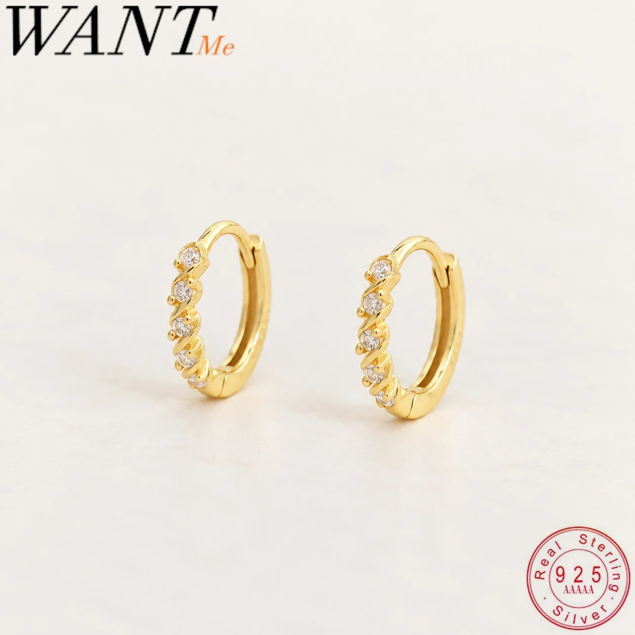 WANTME S925 Sterling Silver Fashion French Twisted CZ Huggie Hoop Earrings for Women Cartilage Piercing Daily Jewelry Ear Buckle