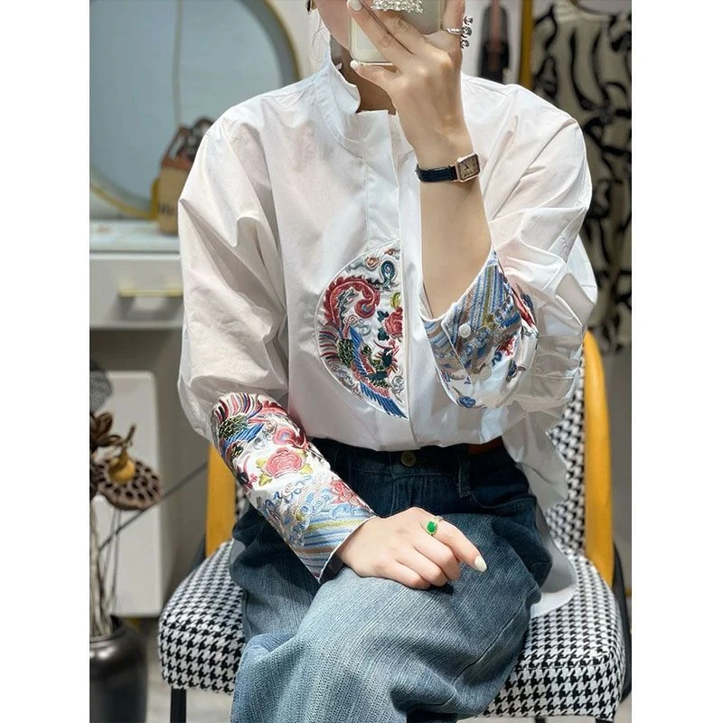 Spring Autumn New Turn-down Collar Long Sleeve Shirt Women High Street Casual Mid-length Cardigan Button Embroidered Vintage Top