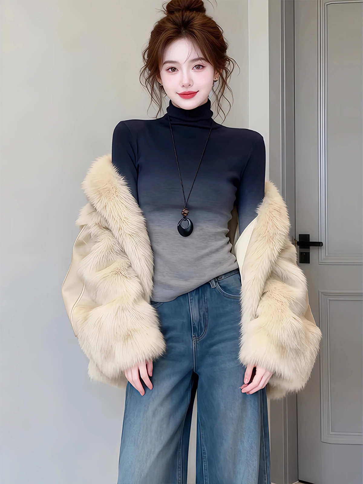 

High-End adient ey High-Ne Knitwear Inner Wear Unique Sle Autumn Winter New Women's Faion Casual Slim Fit Long Sve