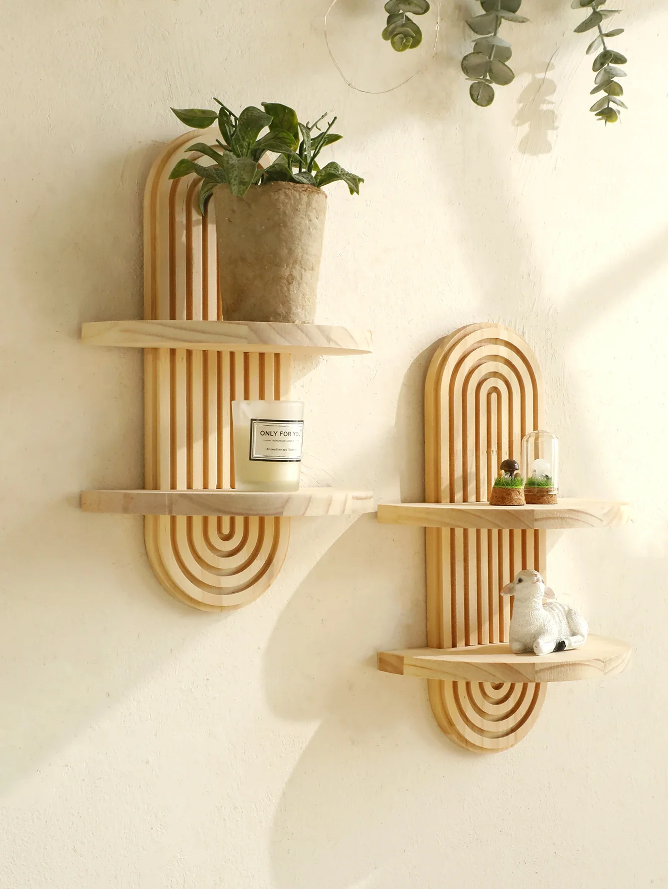 

1,2-Tier Style Wooden Wall Shelves-Geometric Wall Mounted Shelves, Natural Wood Finish, Modern Decor, Plant Decorative Wallet