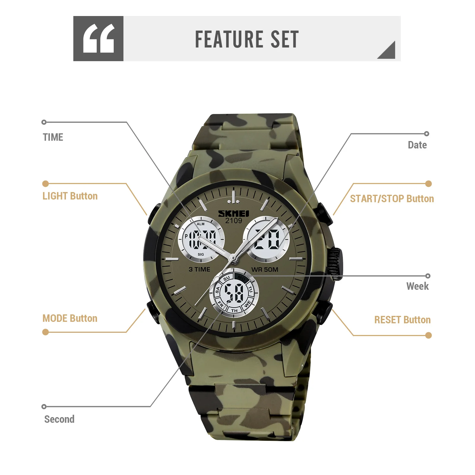 SKMEI 2109 Men Wristwatch Waterproof Chrono Clock Sport Watches Mens Multifunctional Time Military Camouflage Countdown Digital