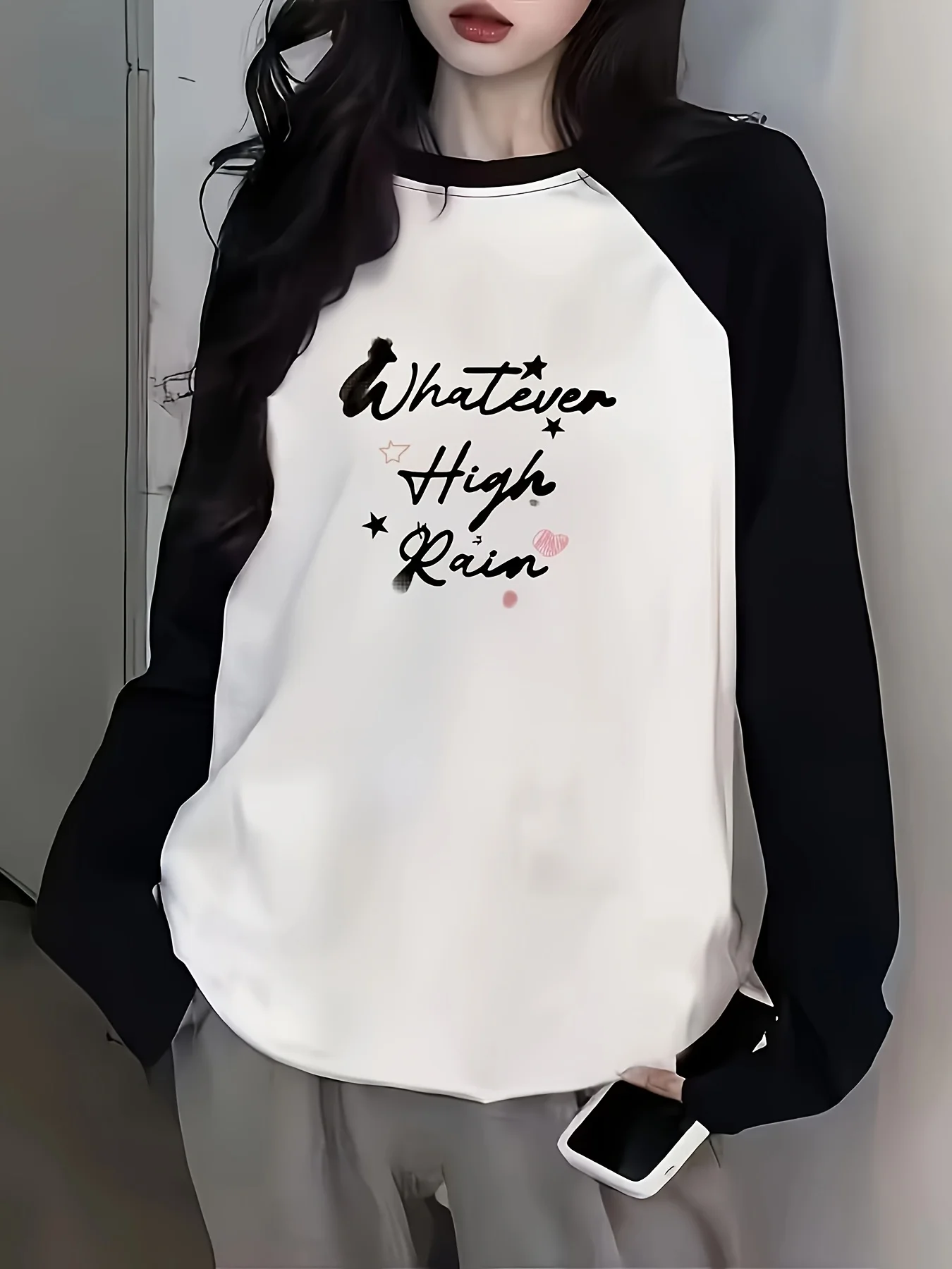 Black and White Versatile Women's Tops Raglan Long Sleeve Round Neck T Shirt Fashion Casual T-shirt with Letter Print Clothes