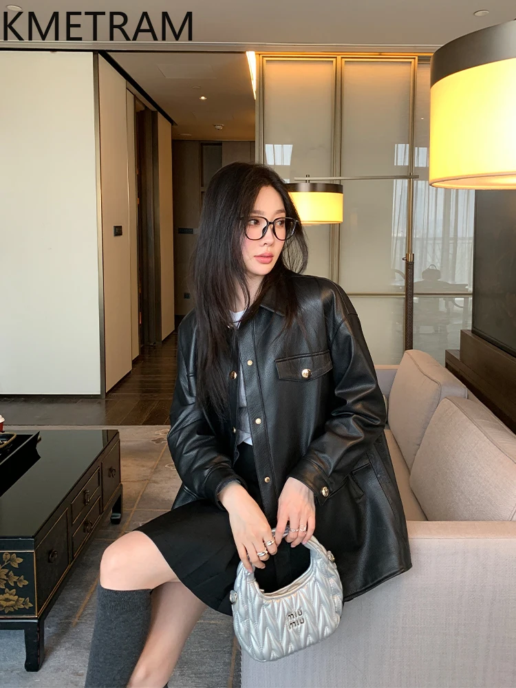 100% Top Layer Sheepskin Jacket Woman Black Mid Length Genuine Leather Jackets New in Outerwears Fall Clothes 2025 Women кожанка