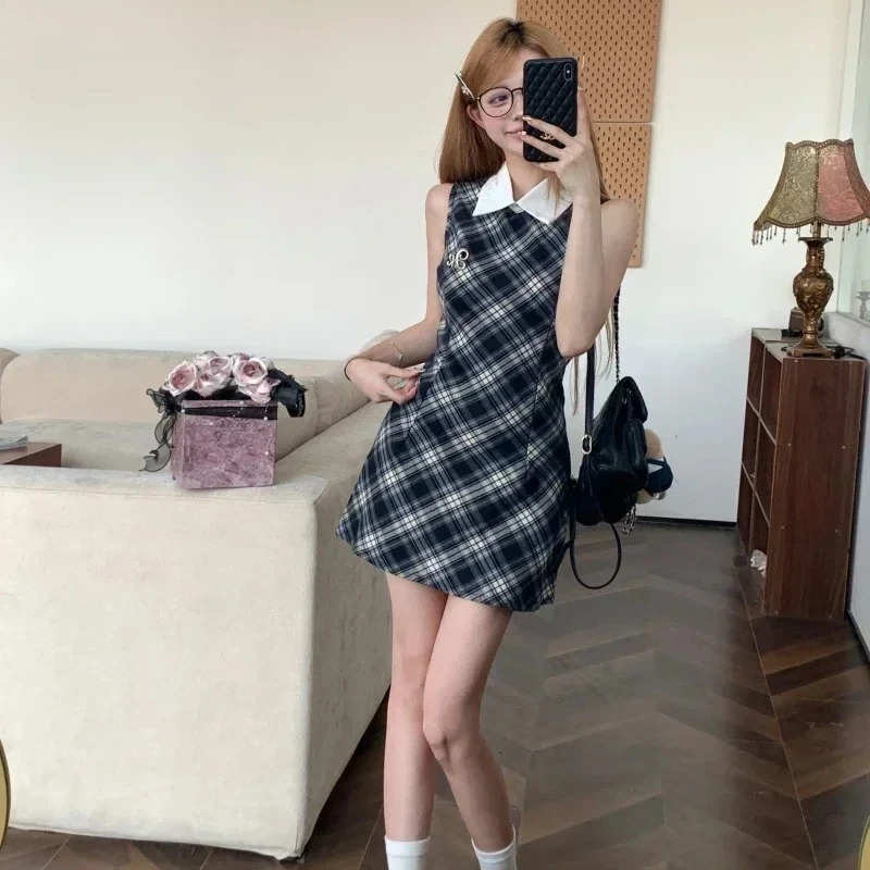 High street contraste vestidos vintage xadrez mini vestido feminino cinto polo colarinho sem mangas uma linha vestidos