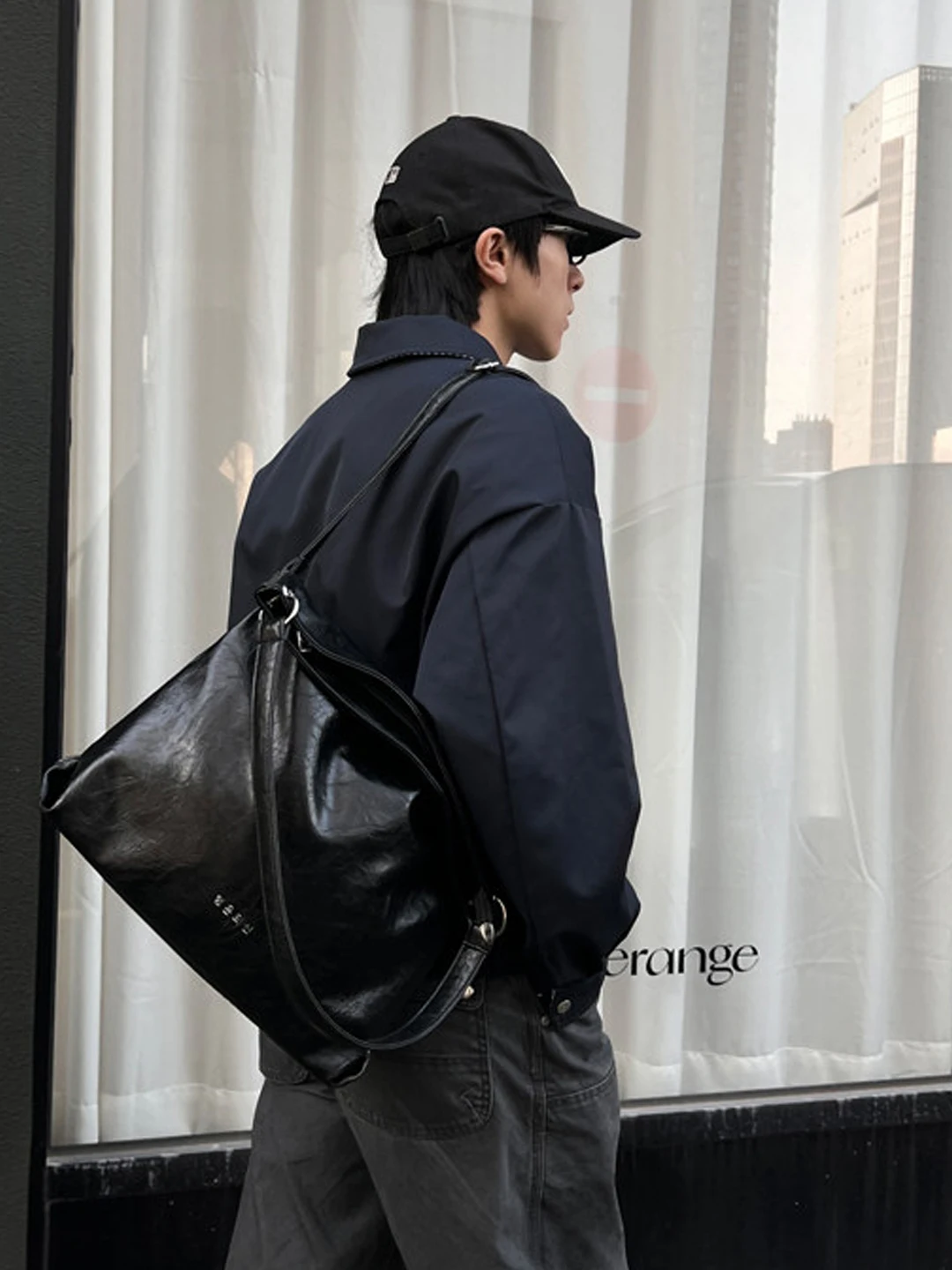 NIN Retro Single Shoulder Tote Bag PU Leather Soft Commuter Bag for Men Casual Handbag Crossbody Bag Korean Style Pure Color