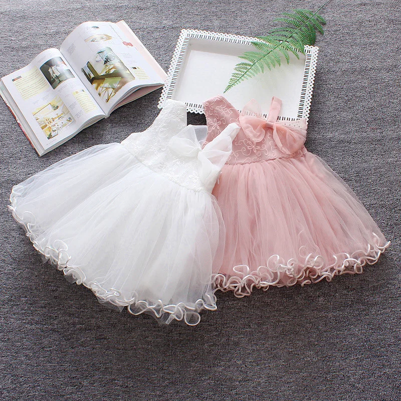 White Baptismal Costume Baby Girl Clothes Bowknot Tulle Girls Party Dresses Flower Child Wedding Dress Toddler Birthday Dress