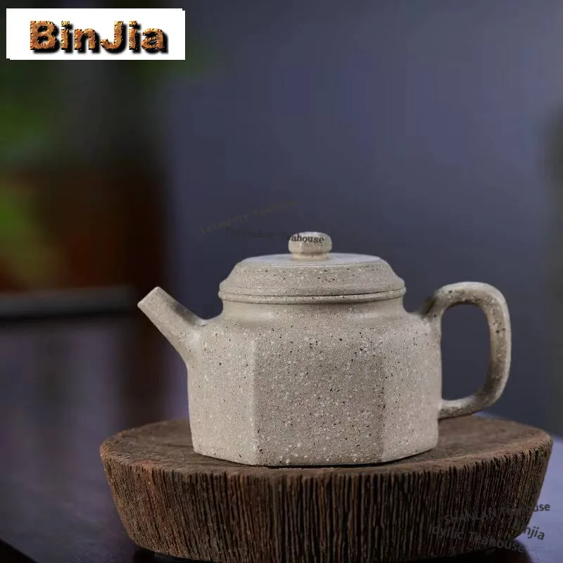 

280ml Yixing Purple Clay Teapots Handmade Hexagonal Dezhong Pot Raw Ore Coarse Sand White Section Mud Kettle Strainer Zisha Tea