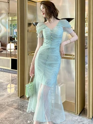 Fashion Summer Evening Long Dresses For Women Elegant Mesh Sparkly Bright Silk V-Neck Slim Midi Party Robe Mujer Vestidos Fiesta