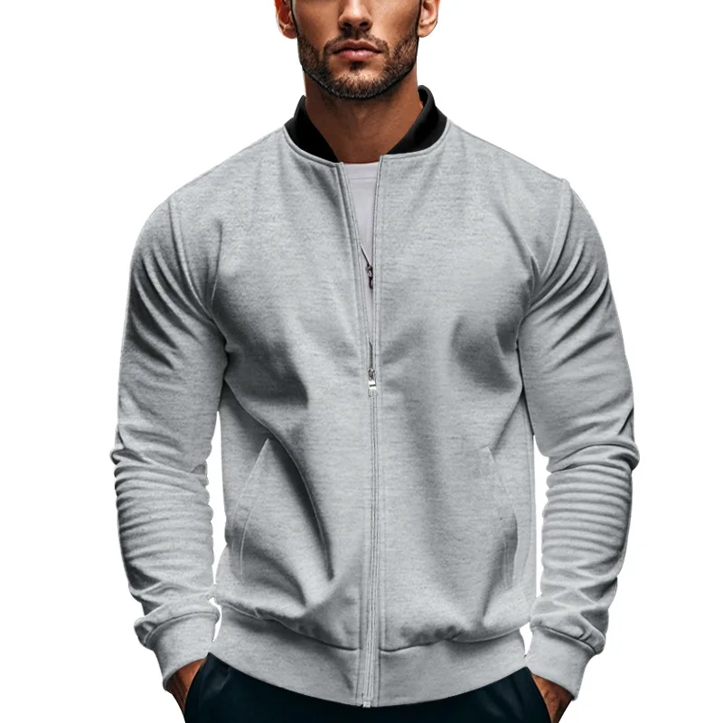 Men Color Block Collar Bomber Jacket, Full Zip Stand Collar Lightweight Knit Sweat Cardigan Casual Baseball Coat