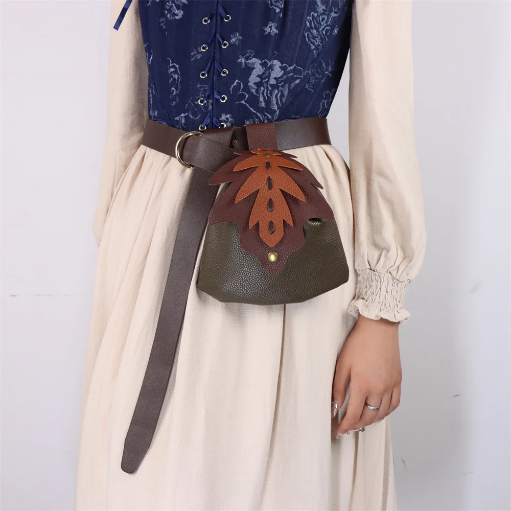 UYEE Medieval Belt Elf Leaf Waist Bag Renaissance Belt Cosplay Copper Coin Waist Bag  Skirt Buckle Prop Leather Belt Halloween