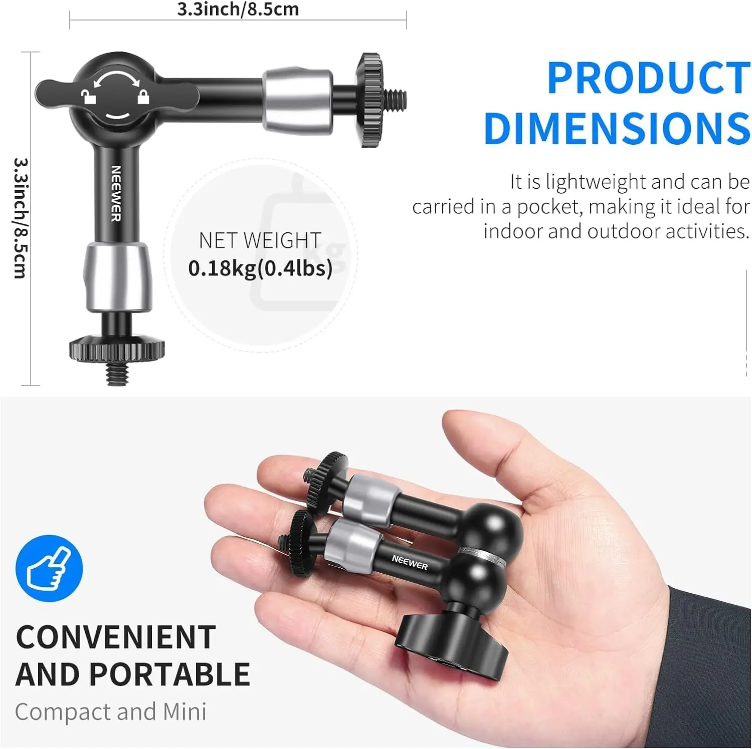NEEWER 15cm Adjustable Friction Magic Arm Compatible with SmallRig Cage, Flash/LED Light/Microphone/Monitor/SuperClip