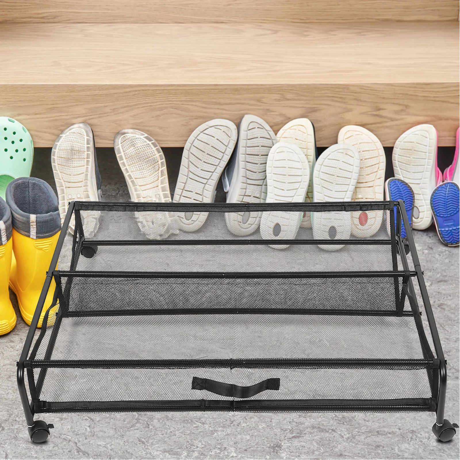 

Rolling Under Bed Storage Container Heavy Duty Iron Mesh Bin for Shoe and Clothing Organization Space Saving Bedroom Organizer