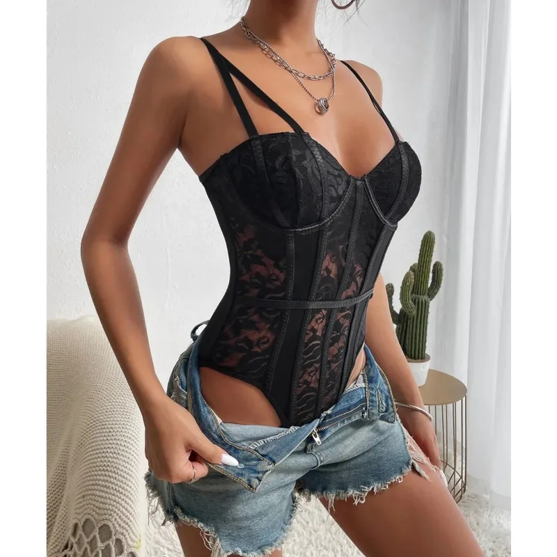 QQ Sexy Lace Fishbone Red Underwire Corset Crop Top Backless V-neck Elegant Vest Rhomboid 2026 New Summer Solid Bodycon Ribbed
