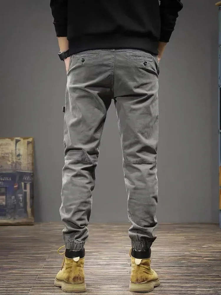 Pantalones Cargo grises para hombre, pantalones negros multibolsillos para hombre, ropa técnica ajustada con múltiples bolsillos, estilo coreano Harajuku, algodón y nailon Y2k de lujo