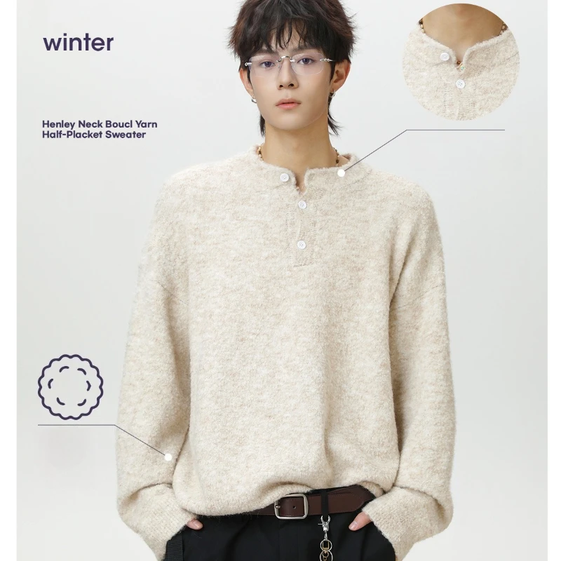 

Вязаный свитер-поло, винтажный толстый теплый пуловер с вырезом на пуговицах, свободный крой в академическом стиле Old Money, осенне-зимний повседневный свитер