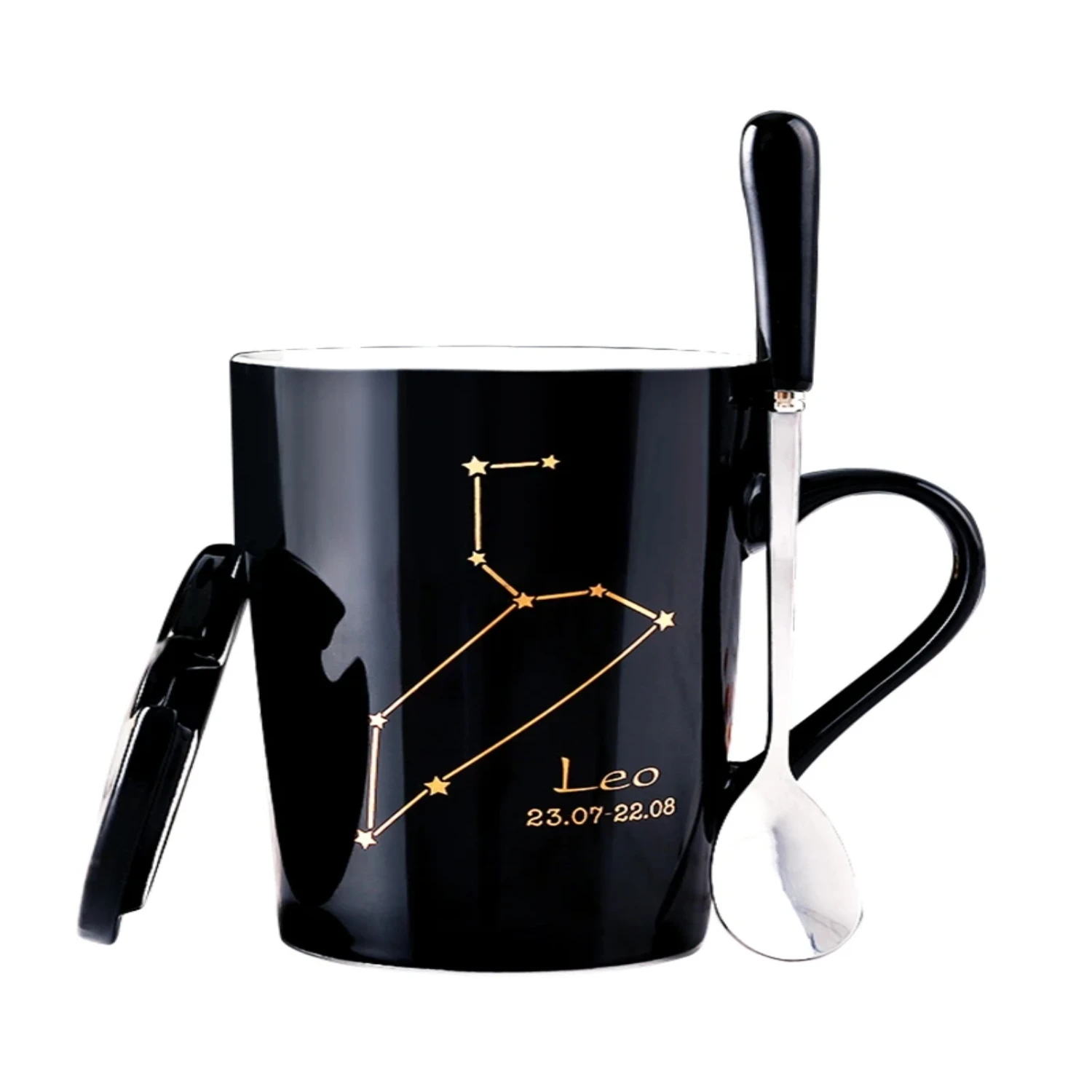 

Ceramic Mugs 12 Constellations Creative Mugs With Spoon Lid Black Mug Porcelain Zodiac Milk Coffee Cup Drinkware Couples Gift