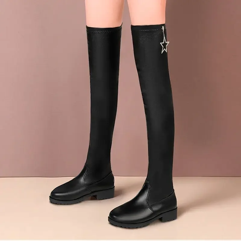 Versatile Plus Size Women's Size 35-43 Over The Knee Mid Heel Boots Slender Patchwork Star Tassel Stretchy Internet Famous