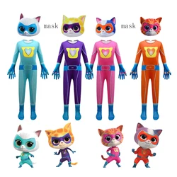 Anime SuperKitties Cosplay Costume Halloween Jumpsuits + Mask Sets Carnival Up Suit for Kids Cat Bodysuit Birthday Party Sets
