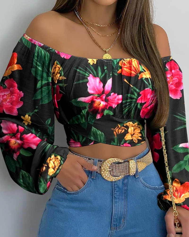 2025 Spring Tropical Print Off Shoulder Tie Back Crop Top