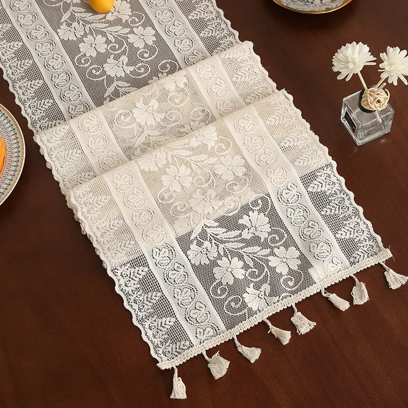 Camino de mesa de encaje blanco, cubierta antipolvo con bandera de mesa INS, cubierta para mesas de comedor de boda, camino de mesa Floral bordado con borla