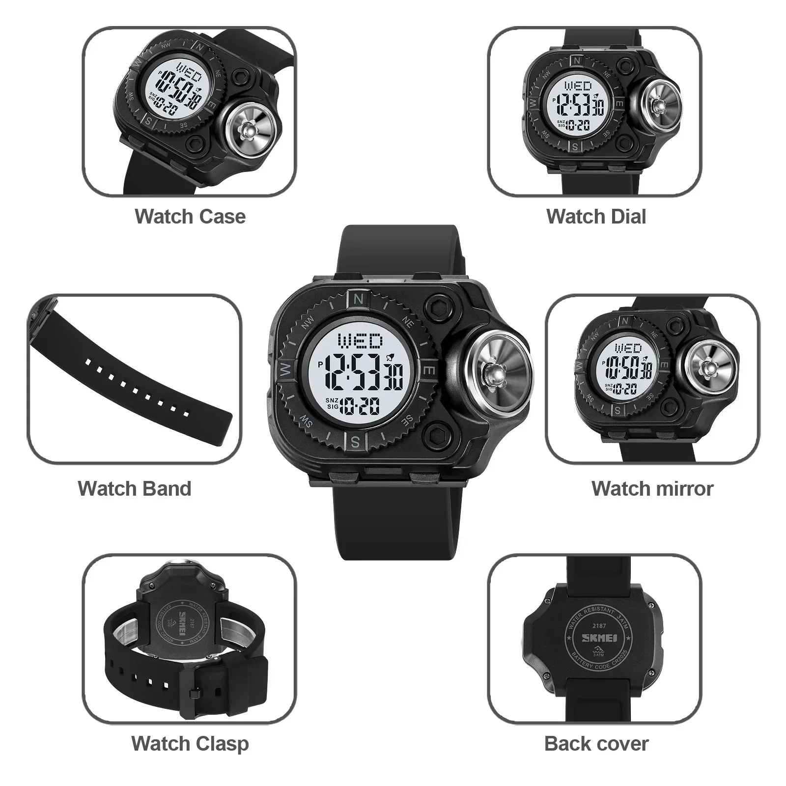 SKMEI Men Back Light Display Digital Wristwatch Waterproof Alarm Stopwatch Clock Creative LED Flashlight Countdown Sport Watches