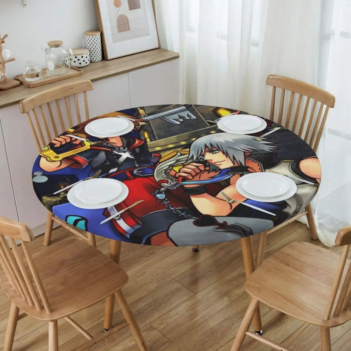 Customized Round Disney Kingdom Hearts Dream Drop Distance Tablecloth Fit Elastic Edge Table Cloth Sora and Riku Table Cover