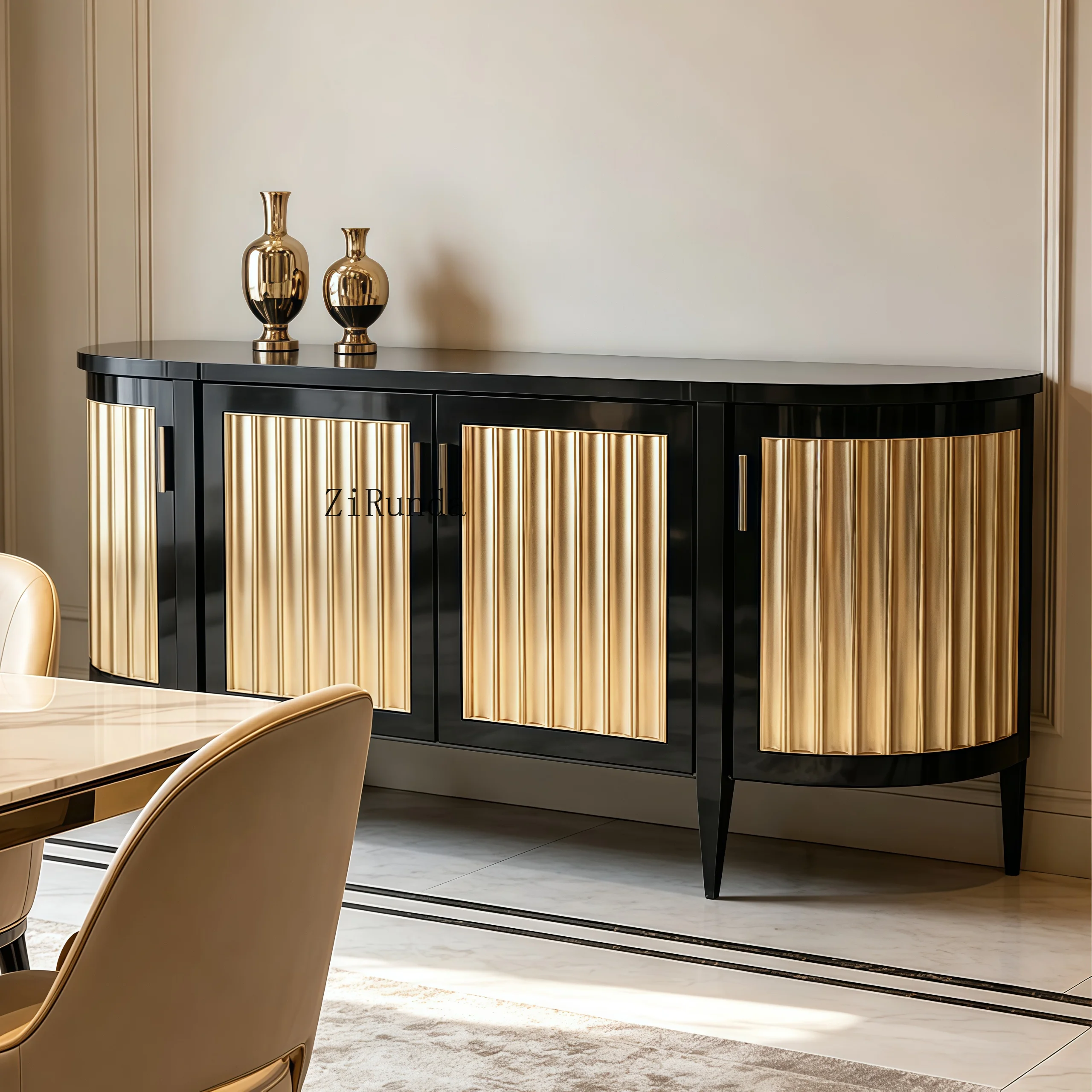 Luxury curved side cabinet, black high-gloss solid wood, handmade gold foil groove door, modern environmental protection