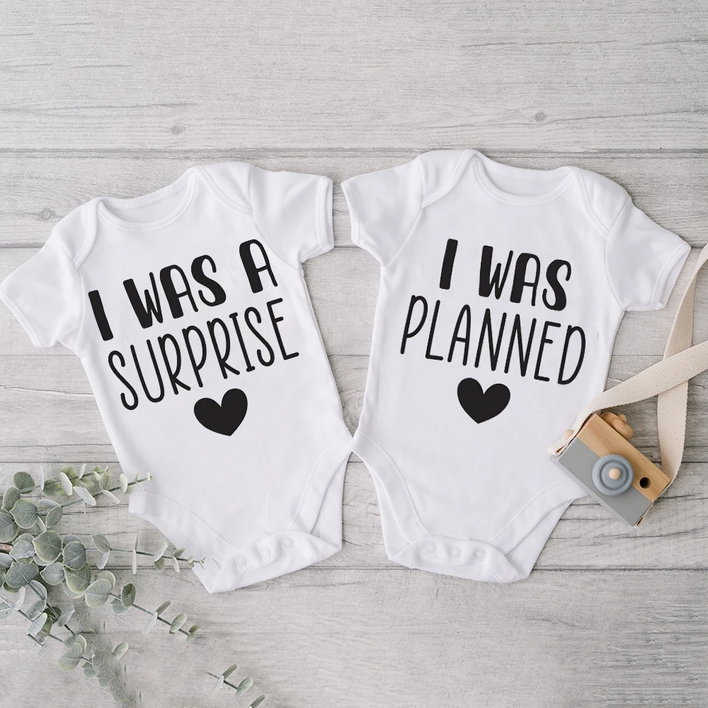 I Was Planned/I Was Surprise Print Infant Romper Twins Brother Sister Bodysuit Outfit Short Sleeve Jumpsuit Holiday Baby Clothes