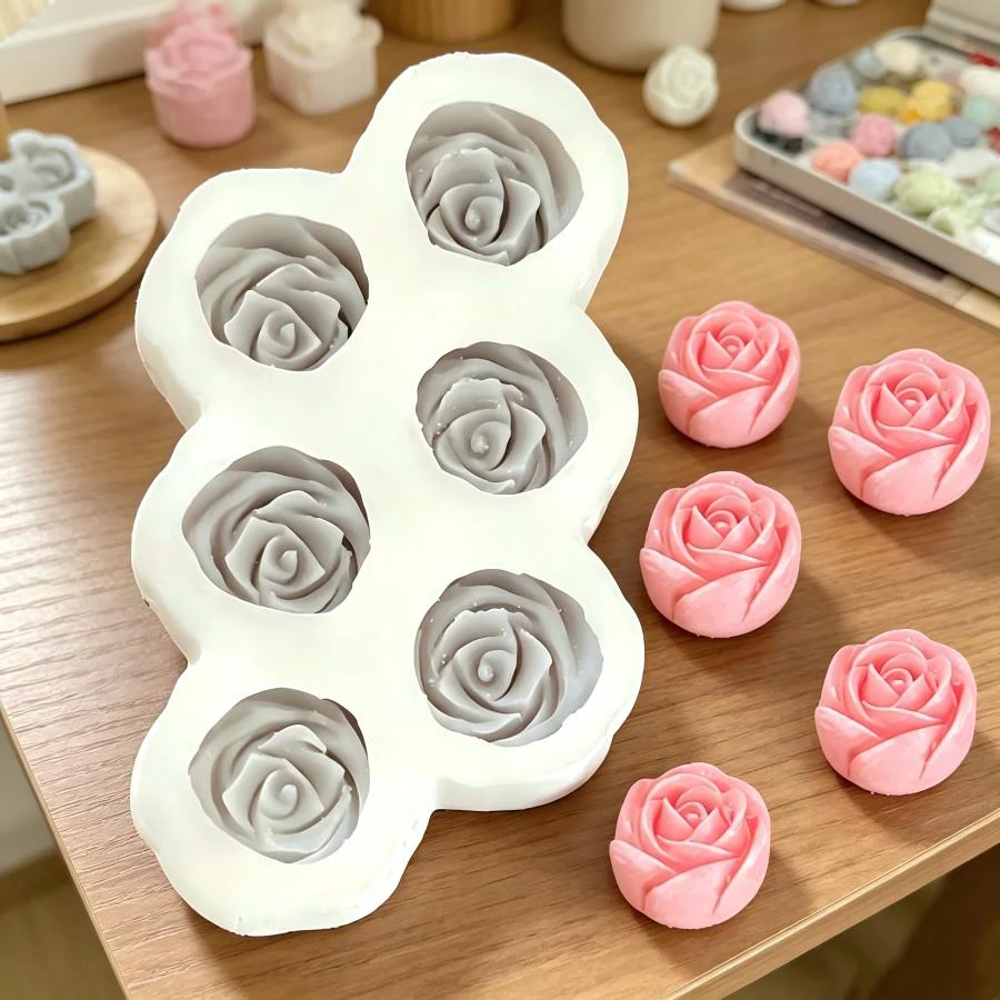 6-teiliges Set Rosenblüten-Silikonformen, 3D Mini-Blumen-Kerzen-Gips-Seifen-Gießform, DIY Schokoladen-Gummibärchen-Kuchenformen – Detail 5