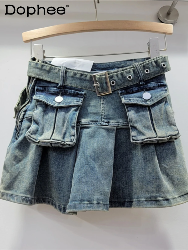 

Three-dimensional Pocket Denim Short Skirt Sexy Beauty Pleated Skirt Retro High Waist A-line Skirt Spring Autumn Denim Skirts