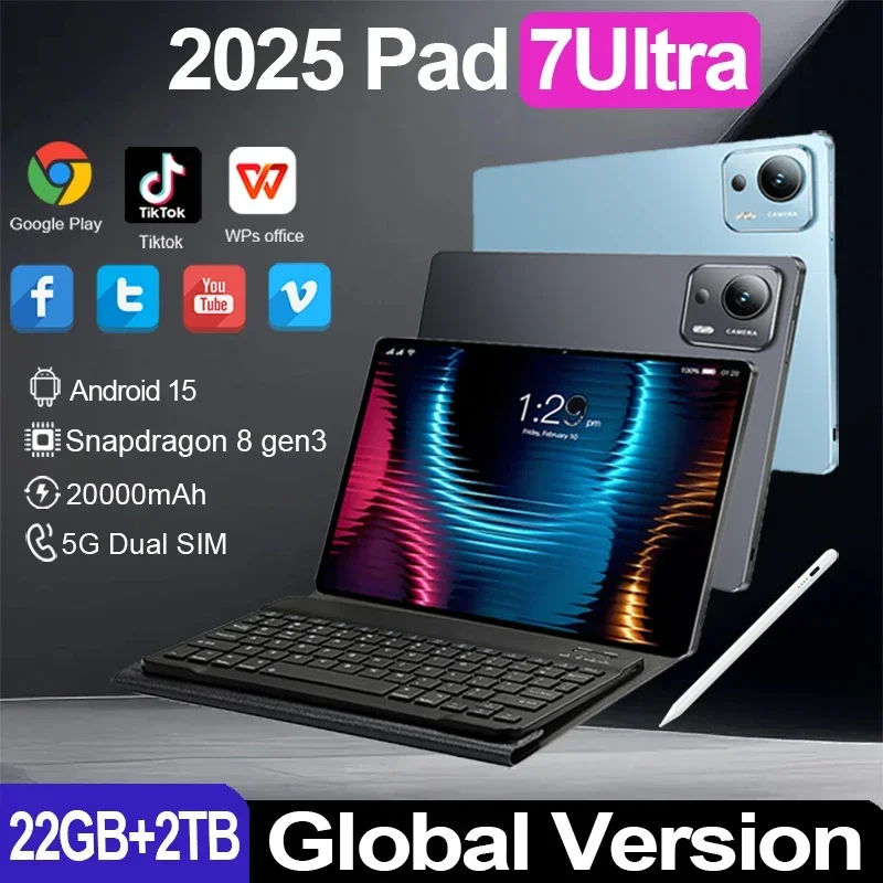 

2025 Original Pad 7 Ultra Tablets Snapdragon 8 gen3 22GB+2TB Android 15 5G Dual SIM 10 Core WiFi WPS 20000mAh tableta android
