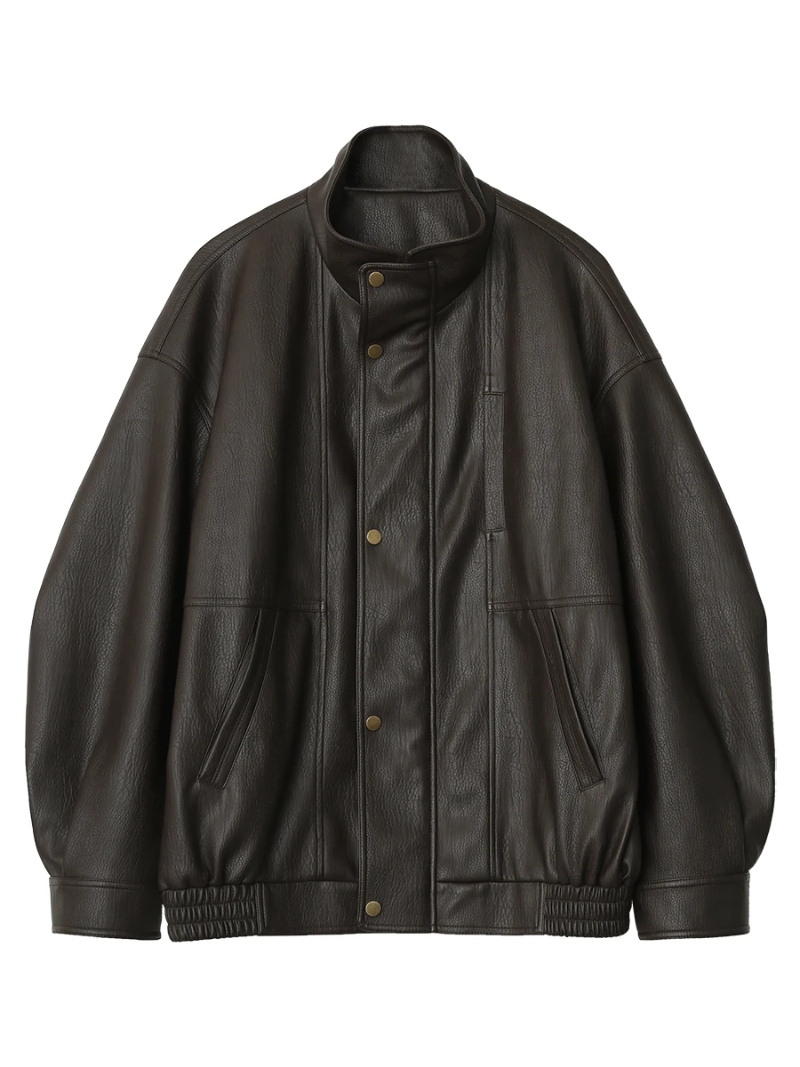 شيك فين المرأة معطف جلد صناعي فضفاض عادية جديدة ريترو يندبروف الوقوف طوق سبليت سترة بولي يوريثان الإناث خريف شتاء 2025 #5