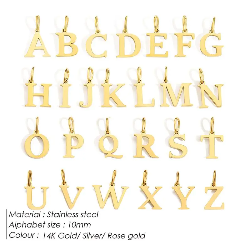 3PCS/LOT 14K Gold PVD Plated Stainless Steel 10mm Alphabet Letter Charms, Personalized Pendant for DIY Necklace Jewelry