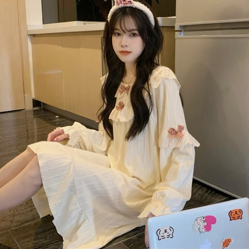 

Nightgowns Women Lovely Sweet Girls Ulzzang Comfort Sleepwear Simple Breathable Students Ruffles Young Casual Home Long Sleeve