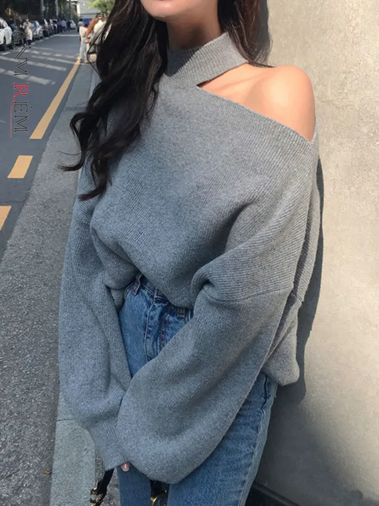 LANMREM 2024 Winter New Female Single OFF Shoulder Loose Long Sleeve Solid Color Pullover Sweater Women Fashion 2W672