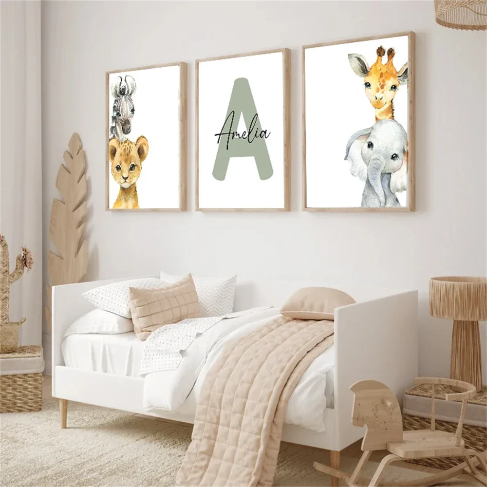 Cute Animal Art Prints Custom Name Canvas Painting Lion Elephant Giraffe Wall Art Poster Nursery Picture Baby Kids Room Decor