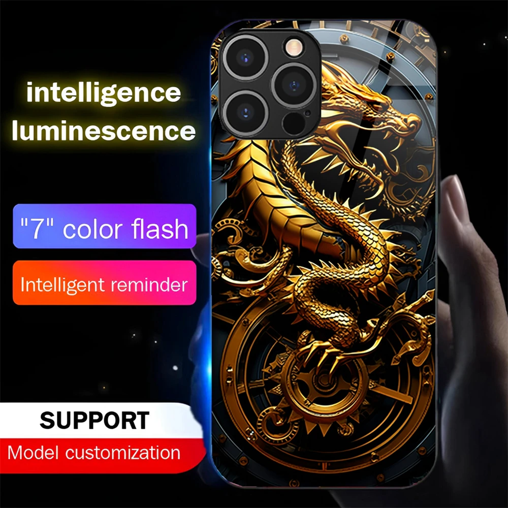 

Chinese Dragon Pattern LED Light Up Glass Phone Case Back Cover For Samsung S25 S24 S23 S22 S21 S20 FE Note Plus 20 Ultra